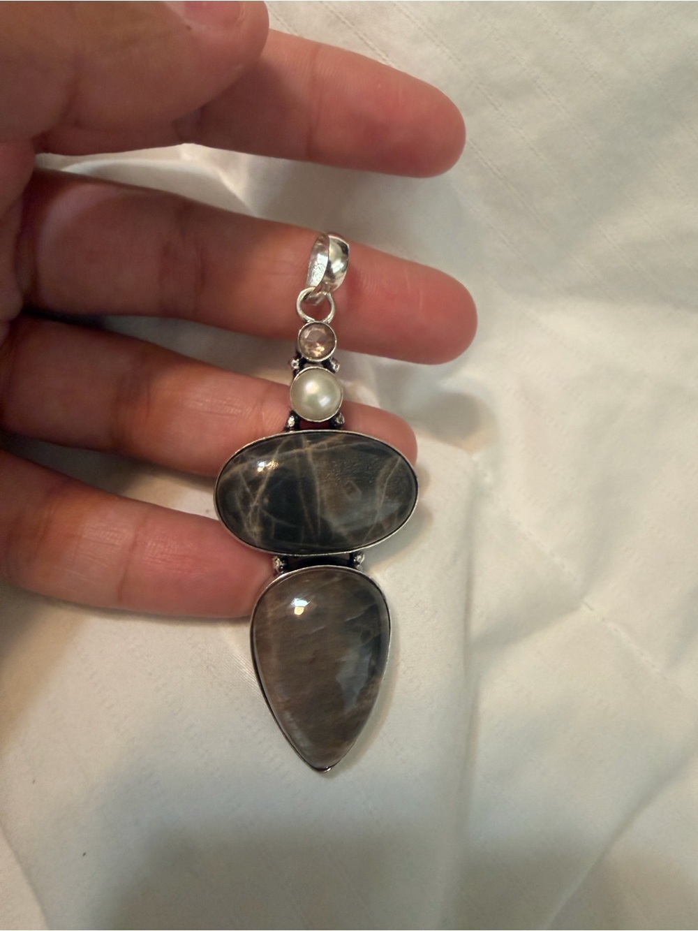 925 Sterling Silver Gray Stone Pendant with Pearl Accent